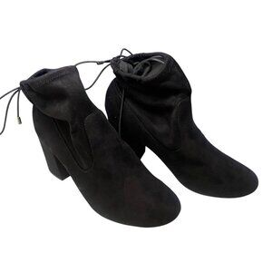 HEART IN D Women Booties Size 9 Black Tie Ankle Faux Suede 3" Heel Casual S-2